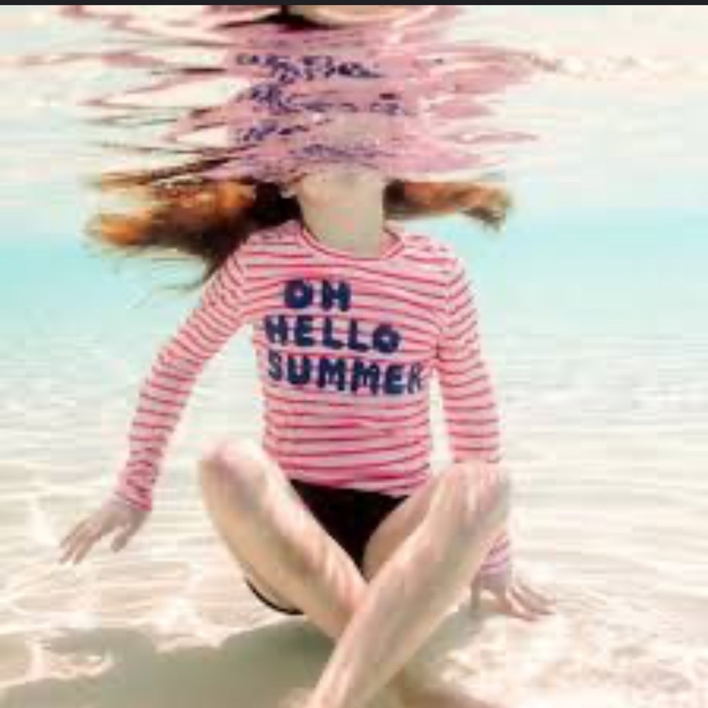 Old Navy Girls Swim Shirt Rash Guard Med Long Sleeve Striped Graphic Orange Navy